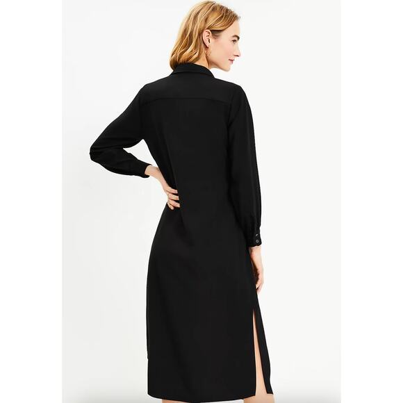 Loft Knot Front Midi Shirtdress Long Sleeve Button Down Tie Front Black Size 2 - Picture 2 of 13